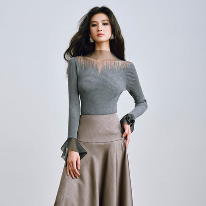 Sheer Organza Wool Splice Ruffle Long Sleeve Knitted Sweater