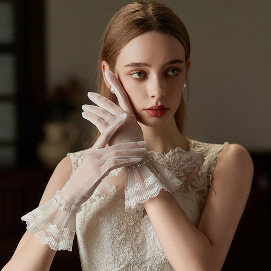 Tulle Frill Pearl Cuff Wrist Gloves