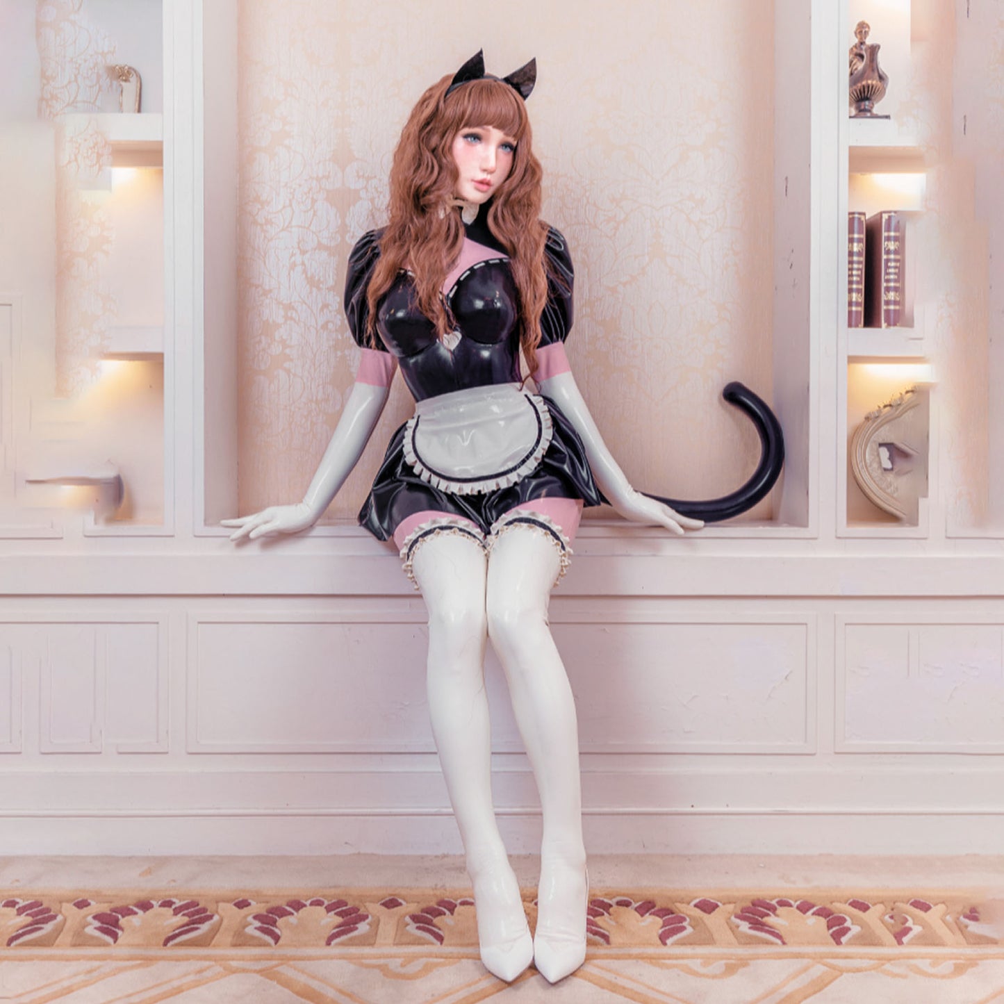 Kitty Maid V Neck Latex Apron Maid Dress Full Cover Bodysuit