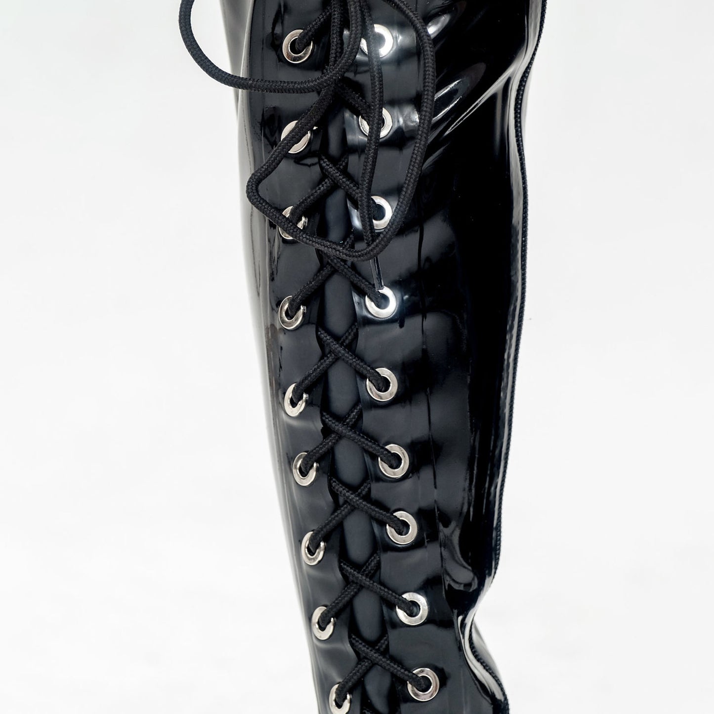 Black Solid Color Latex Lace Up High Heel Knee Boots