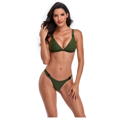 Solid Color Deep V Buckle Strap Split Bikini Swimsuit Set