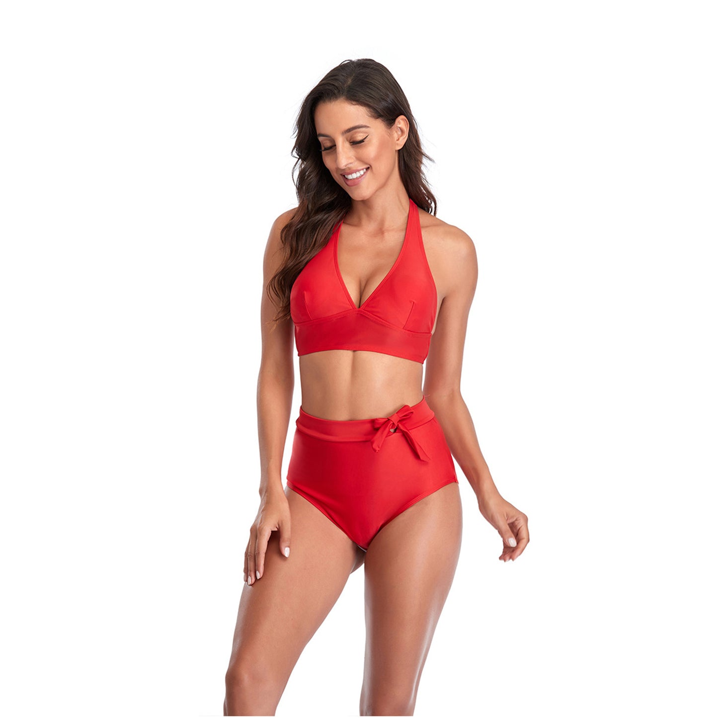 Solid Color V Neck Bowknot Hight Rise Split Bikini Swimsuit Set