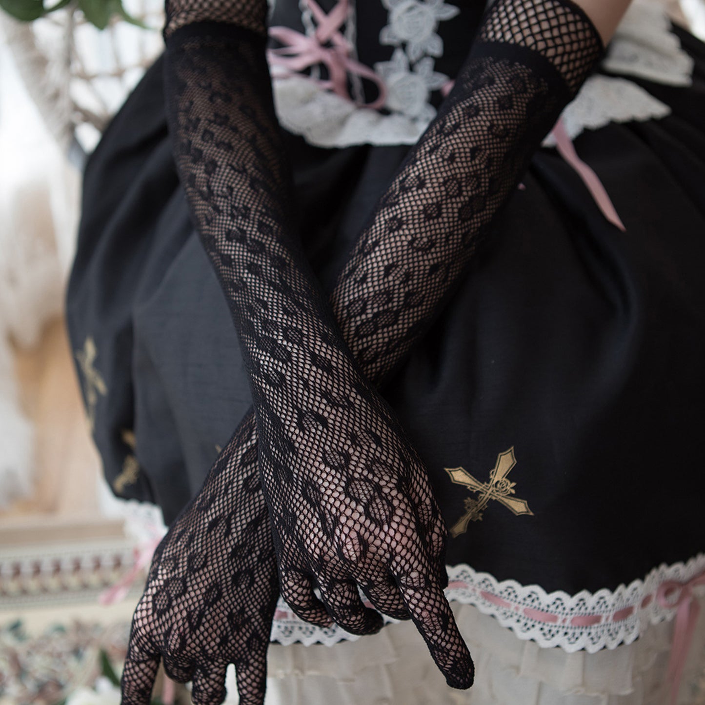 Fishnet Mesh Floral Jacquard Over Elbow Gloves