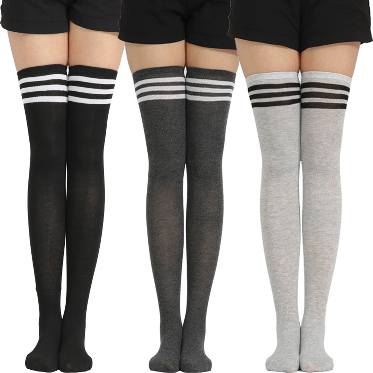 Three Bar Thigh High Socks