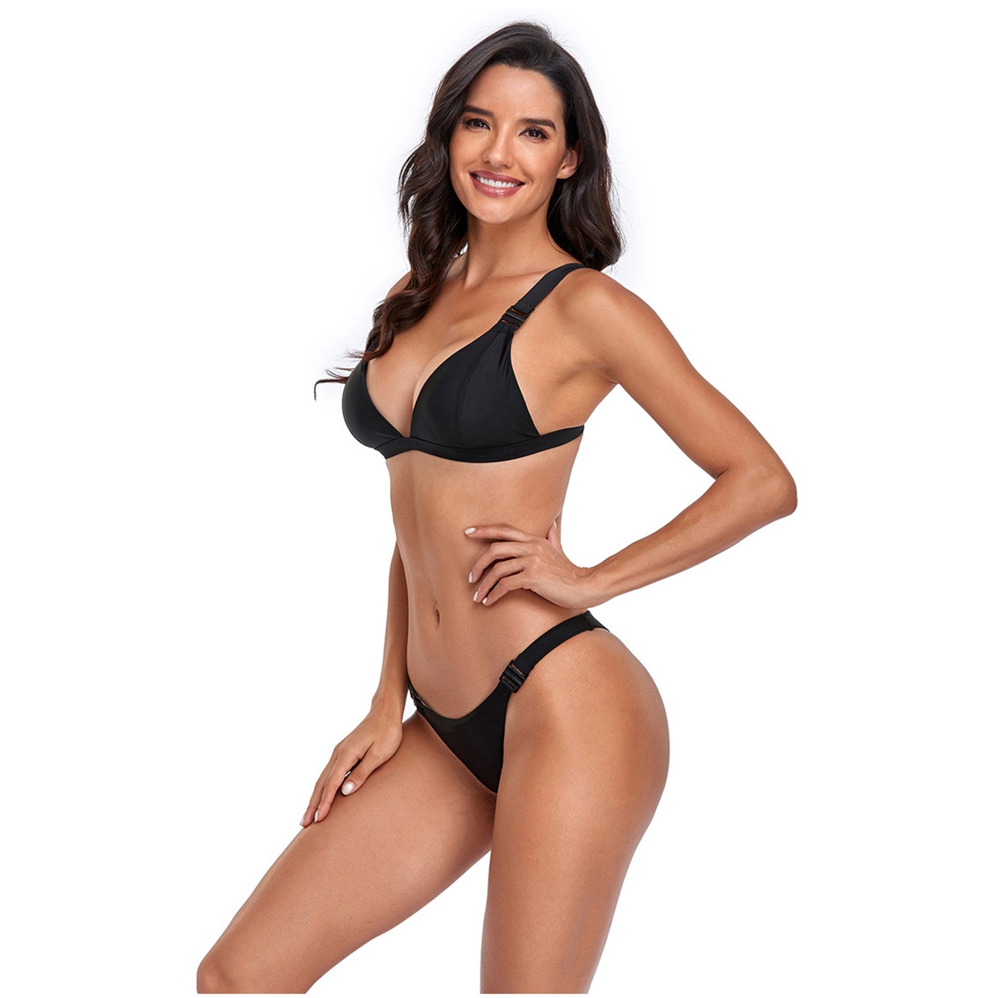 Solid Color Deep V Buckle Strap Split Bikini Swimsuit Set