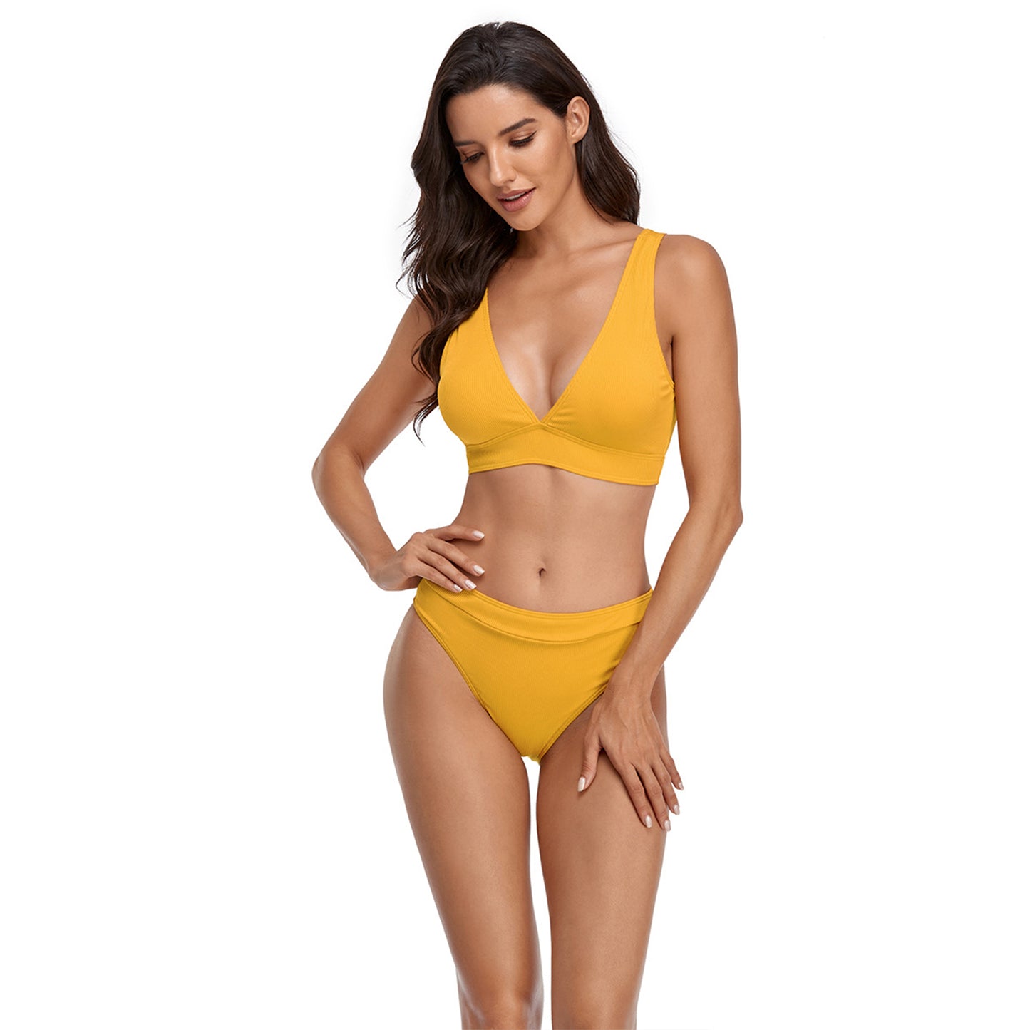 Solid Color V Neck Triangle Split Bikini Swimsuit Set