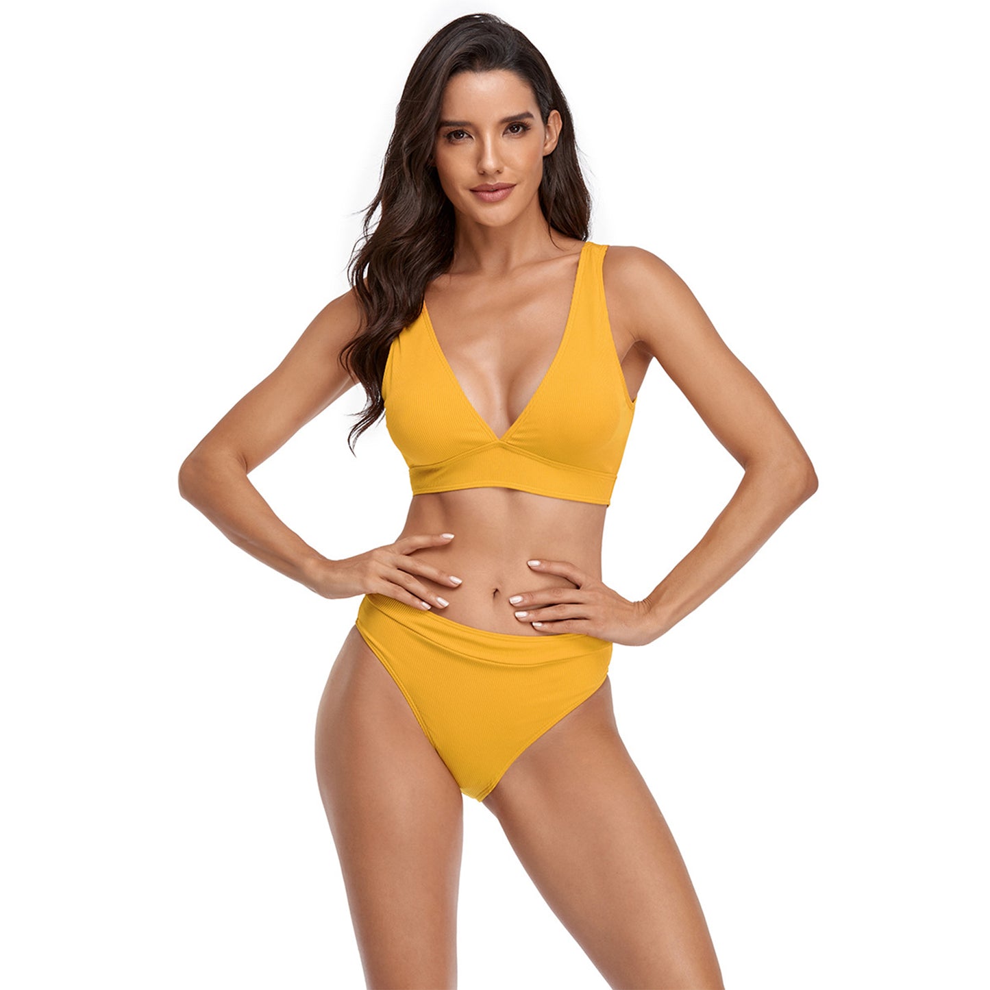 Solid Color V Neck Triangle Split Bikini Swimsuit Set