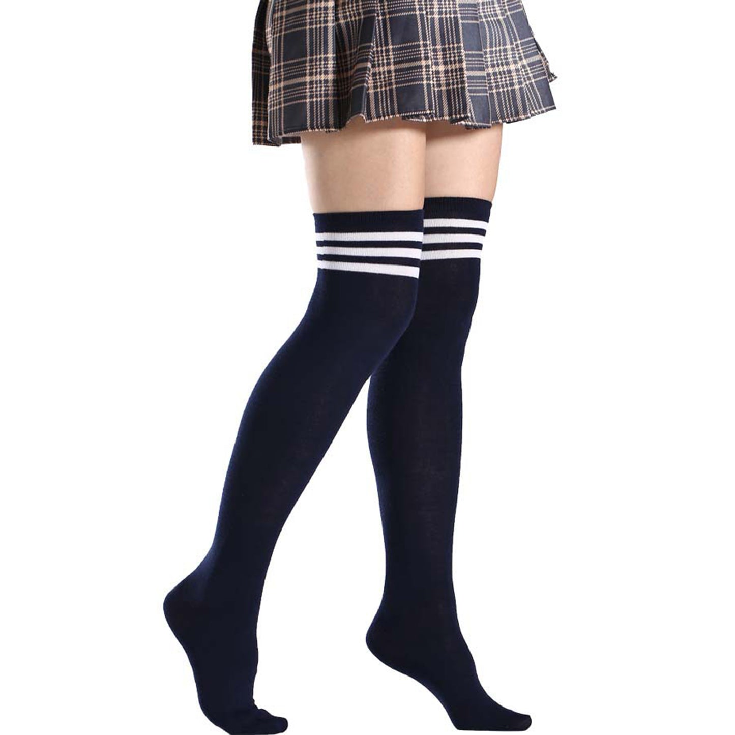 Three Bar Thigh High Socks