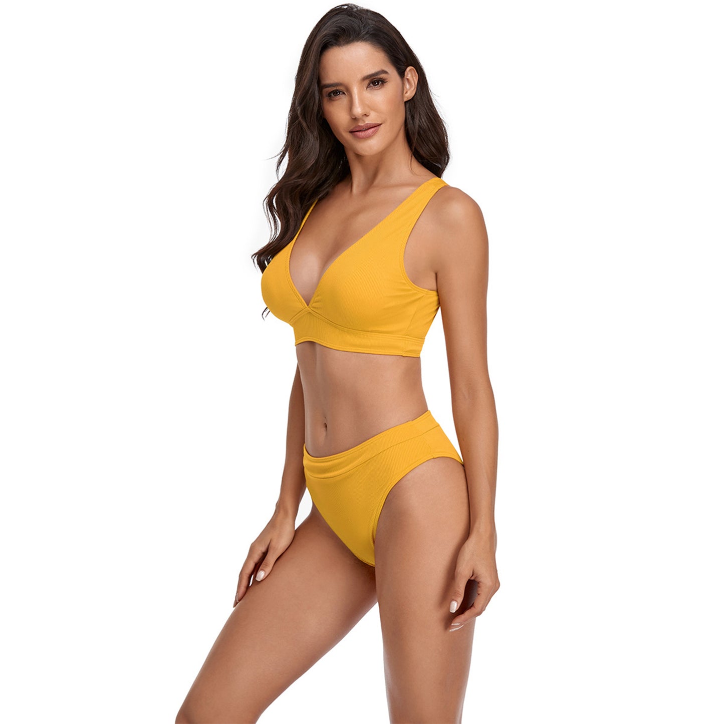 Solid Color V Neck Triangle Split Bikini Swimsuit Set