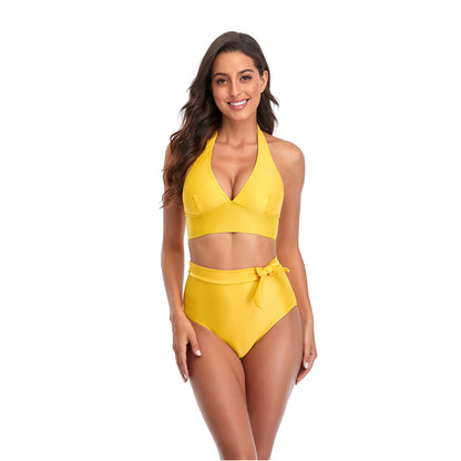 Solid Color V Neck Bowknot Hight Rise Split Bikini Swimsuit Set