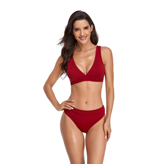 Solid Color V Neck Triangle Split Bikini Swimsuit Set