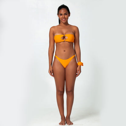 Solid Color Ring Link Hollow Top Bikini Swimsuit Set