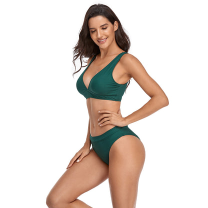 Solid Color V Neck Triangle Split Bikini Swimsuit Set