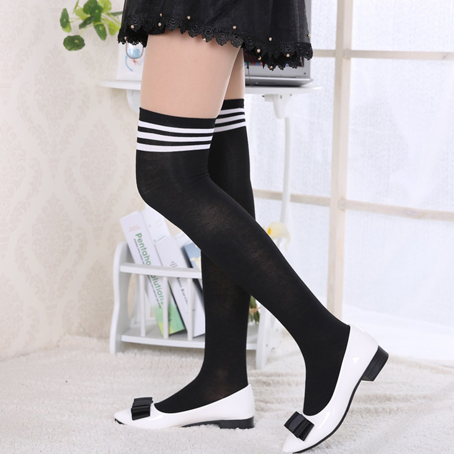 Three Bar Thigh High Socks