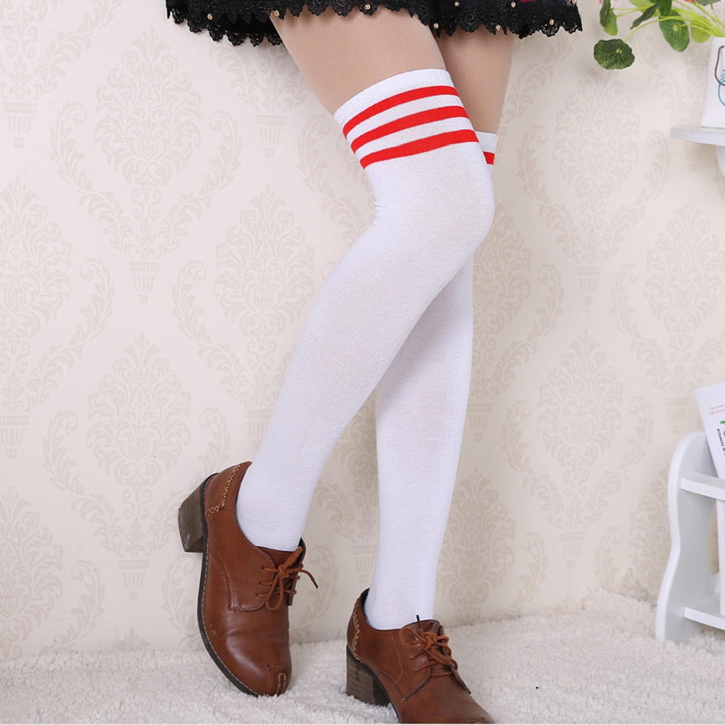 Three Bar Thigh High Socks