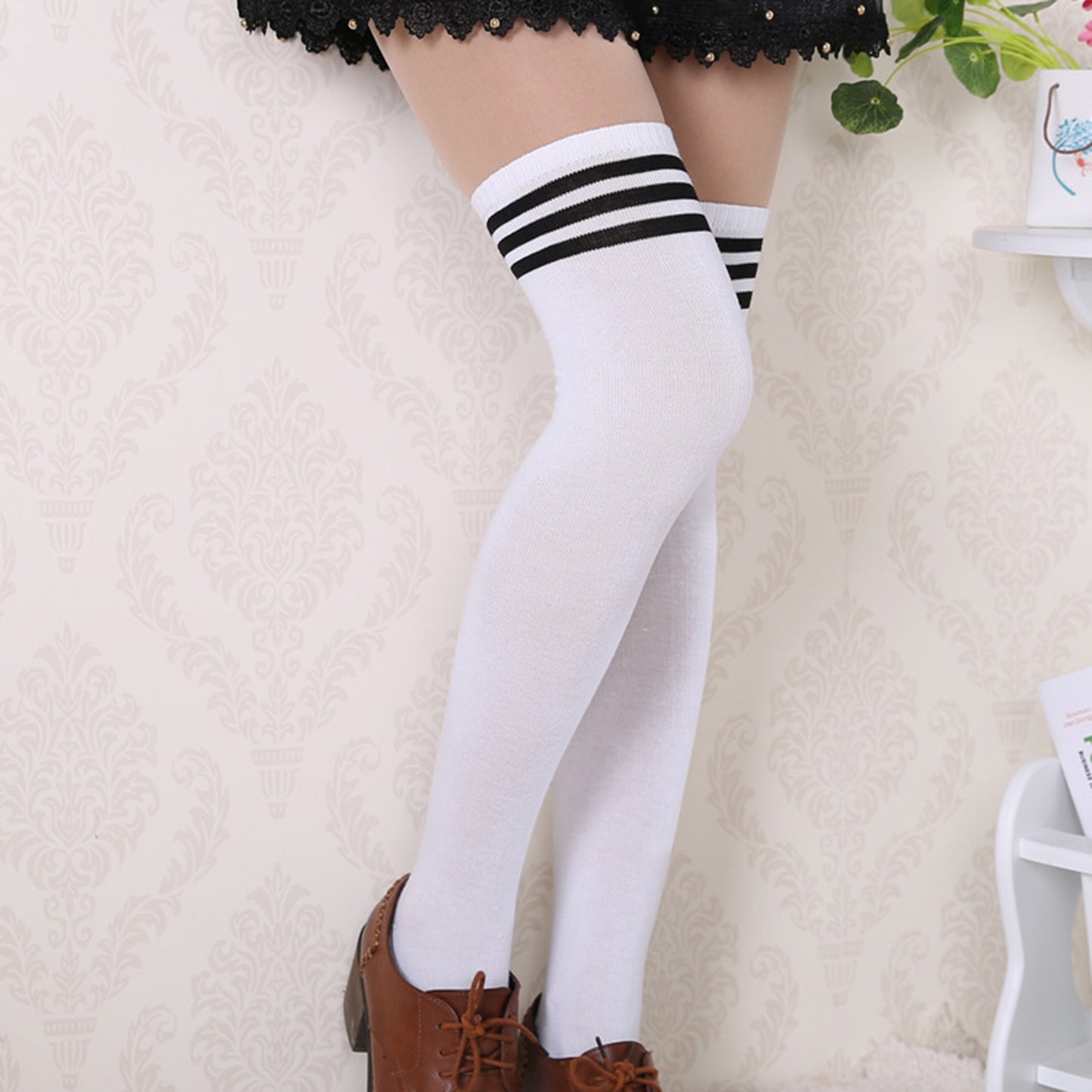 Three Bar Thigh High Socks