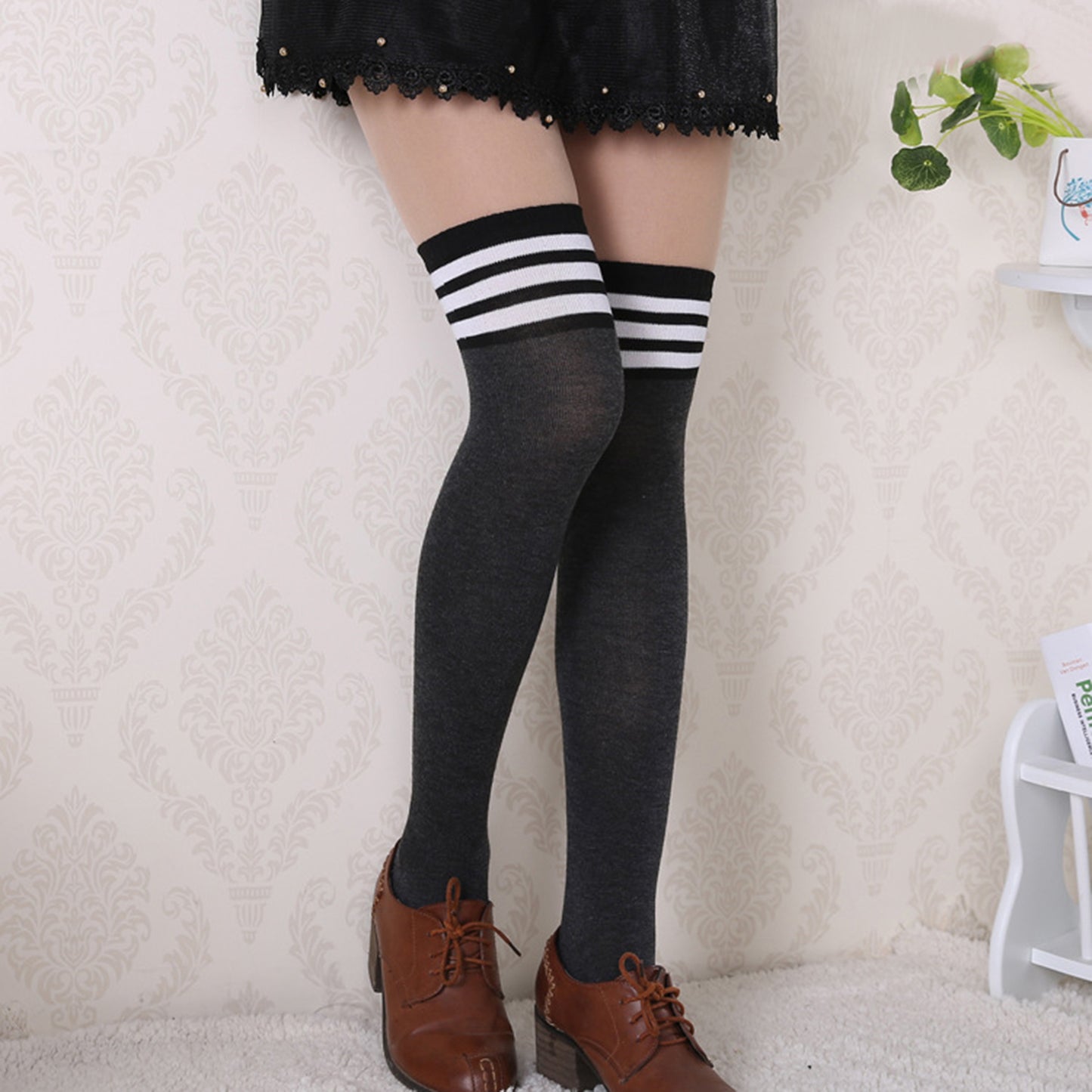 Three Bar Thigh High Socks