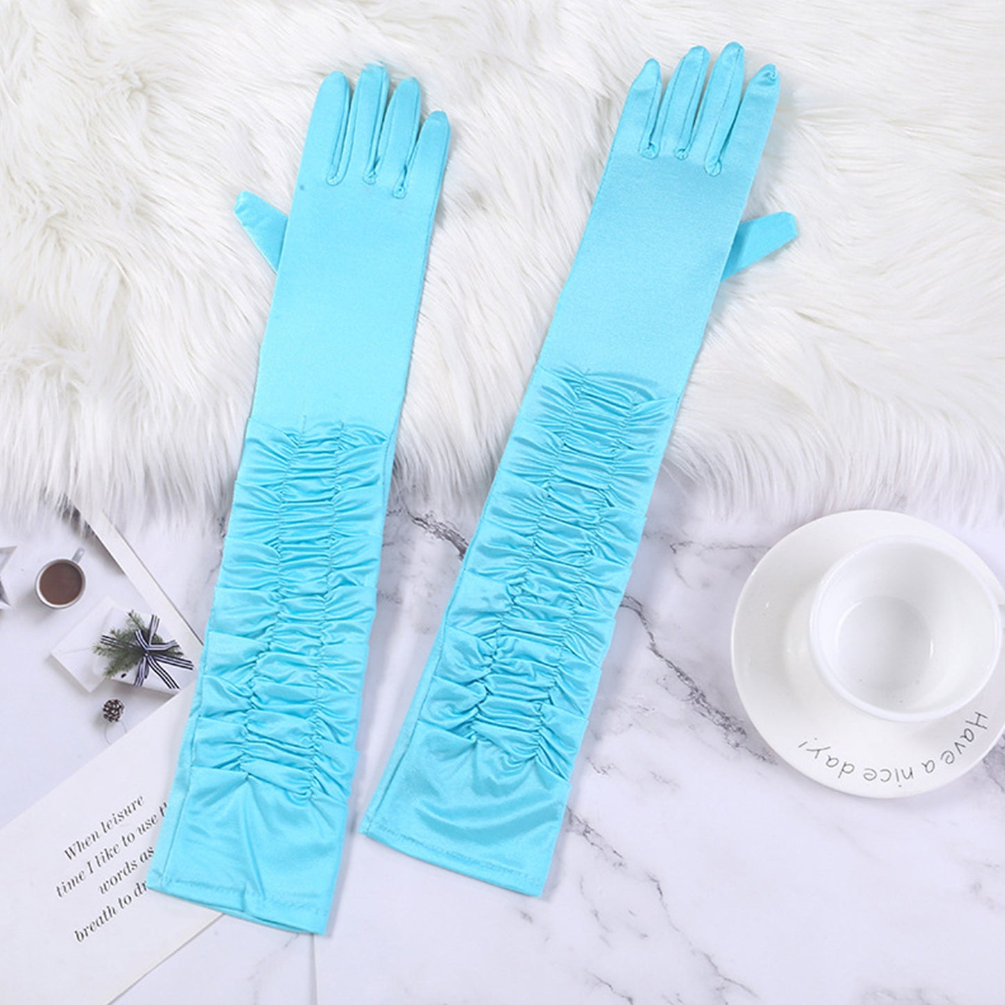 Satin Solid Color Folds Elbow Gloves