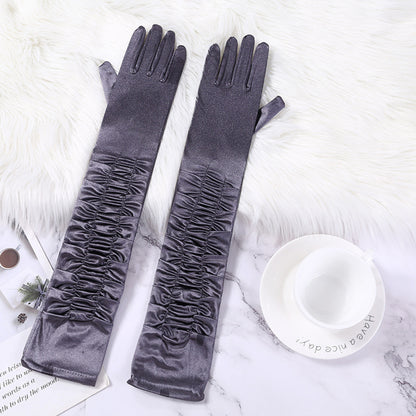 Satin Solid Color Folds Elbow Gloves