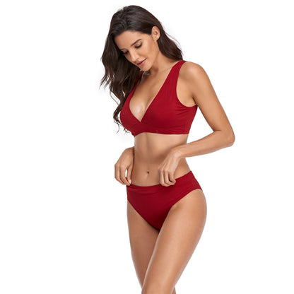 Solid Color V Neck Triangle Split Bikini Swimsuit Set