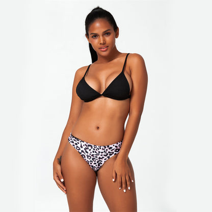 Solid Color Top Leopard Print Brief Two Piece Bikini Swimsuit Set