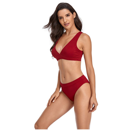 Solid Color V Neck Triangle Split Bikini Swimsuit Set