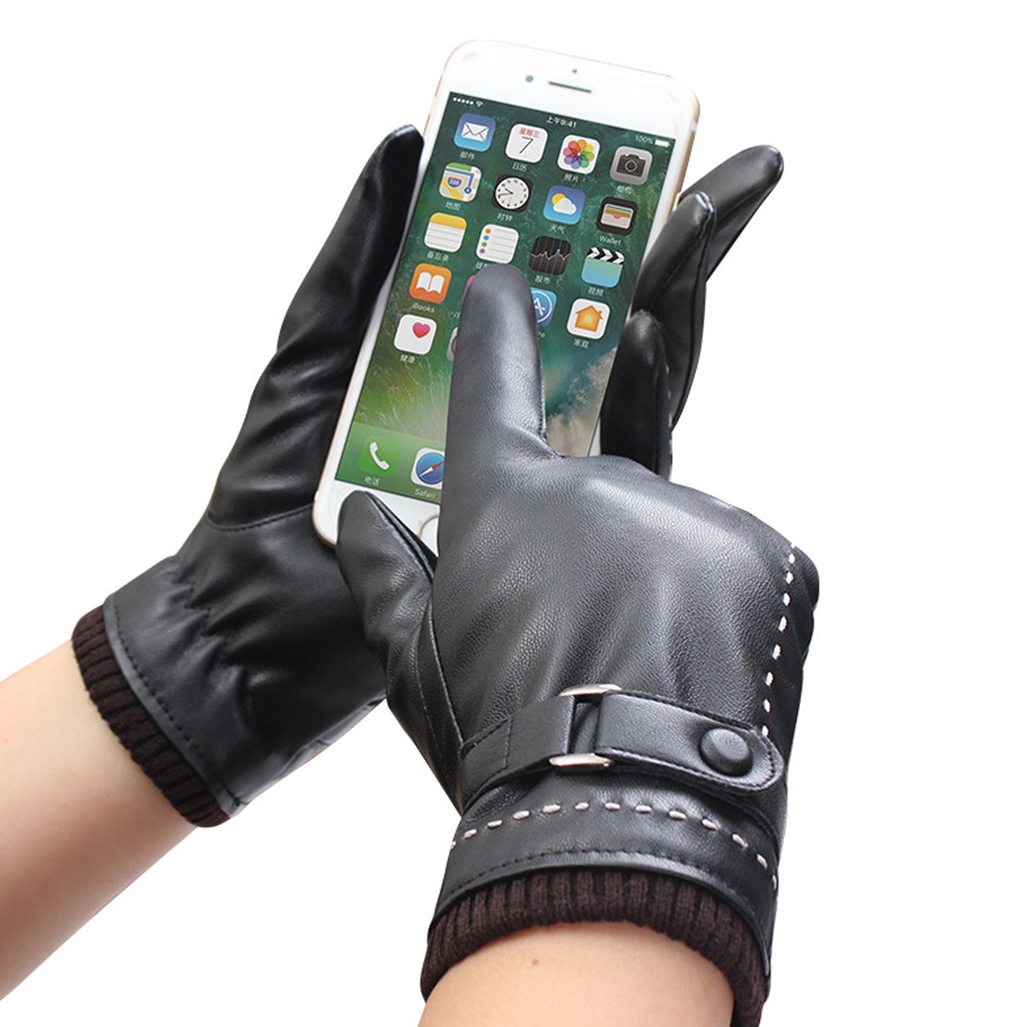 White Seam Detail Button Thermal Vegan Leather Touch Screen Wrist Gloves
