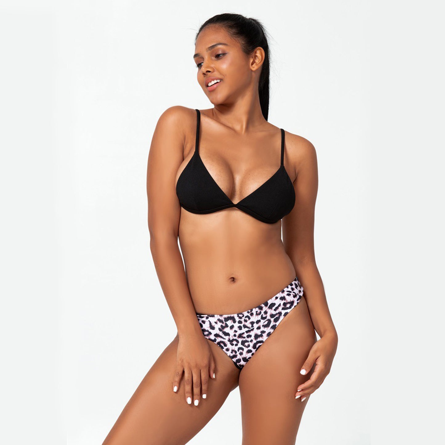 Solid Color Top Leopard Print Brief Two Piece Bikini Swimsuit Set