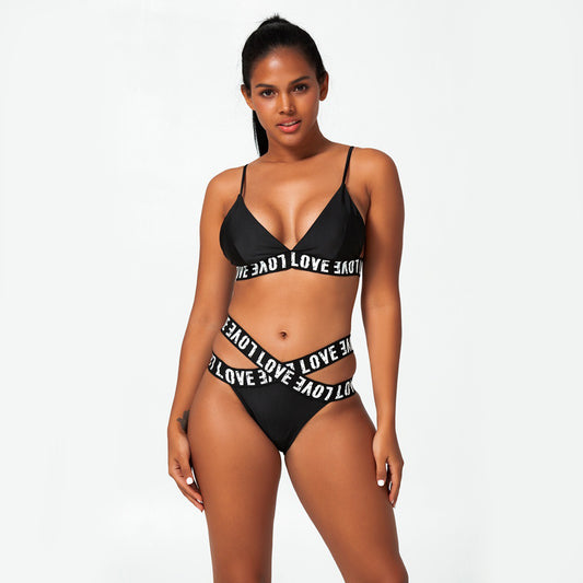 Solid Color Love Band Crisscross Two Piece Bikini Swimsuit Set