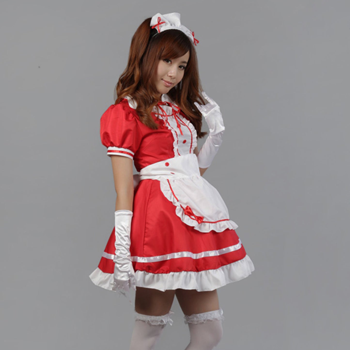 Puff Sleeve Button Bow Apron Maid Dress