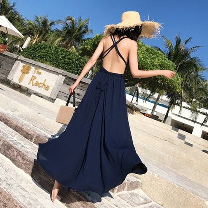 Solid Color V Neck Cross Back Bohemia Beach Maxi Dress