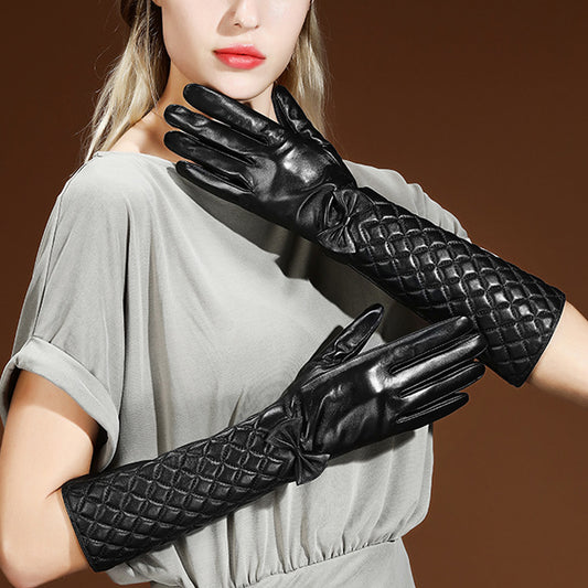 Grid Bowknot Thermal Leather Fleece Lined Touch Screen Elbow Gloves