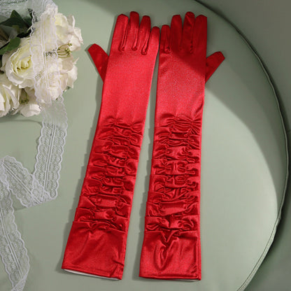 Satin Solid Color Folds Elbow Gloves