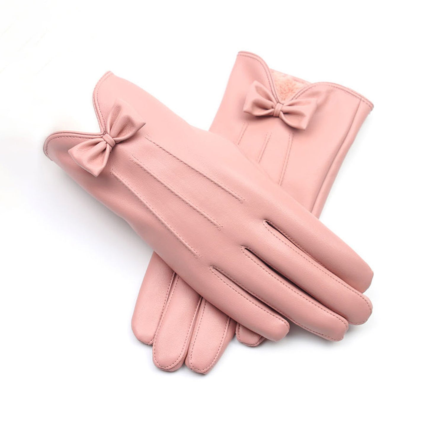 Solid Color Bowknot Seam Detail Thermal Vegan Leather Touch Screen Wrist Gloves
