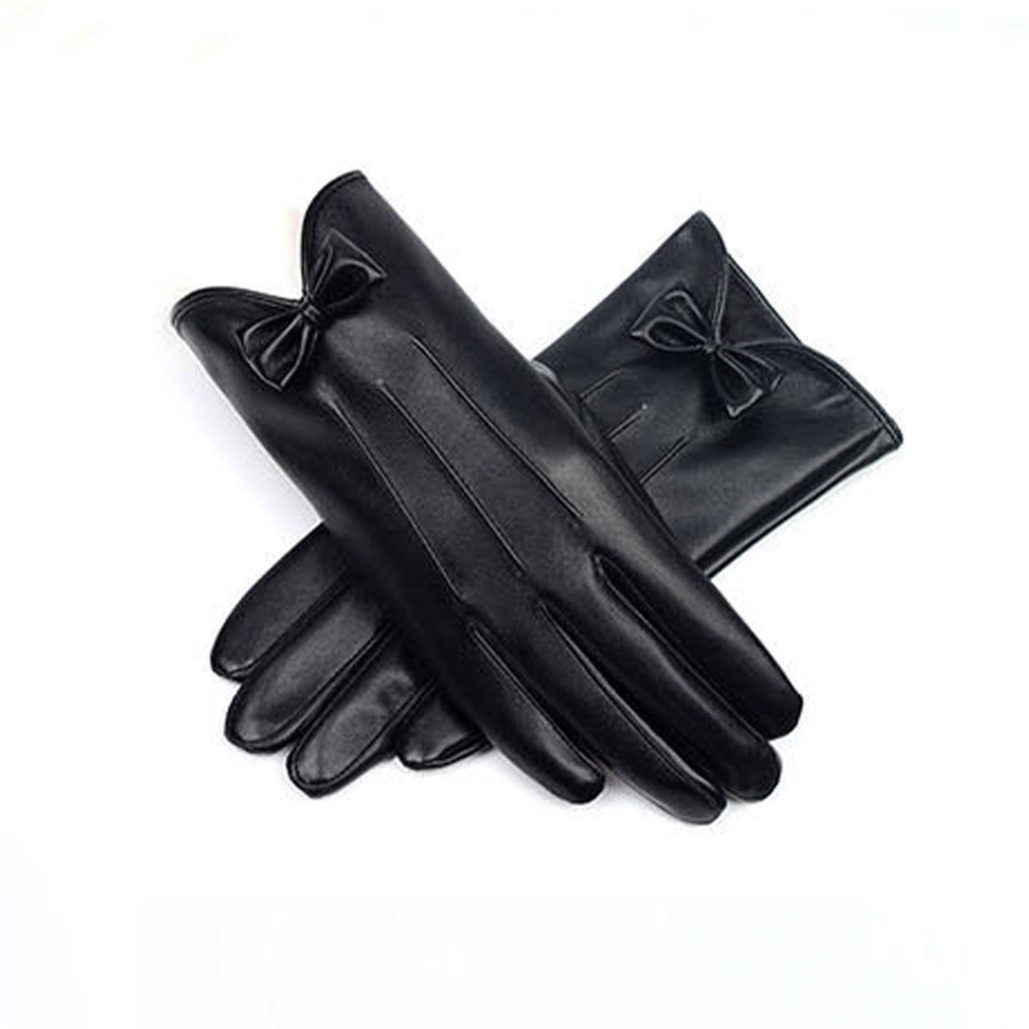 Solid Color Bowknot Seam Detail Thermal Vegan Leather Touch Screen Wrist Gloves