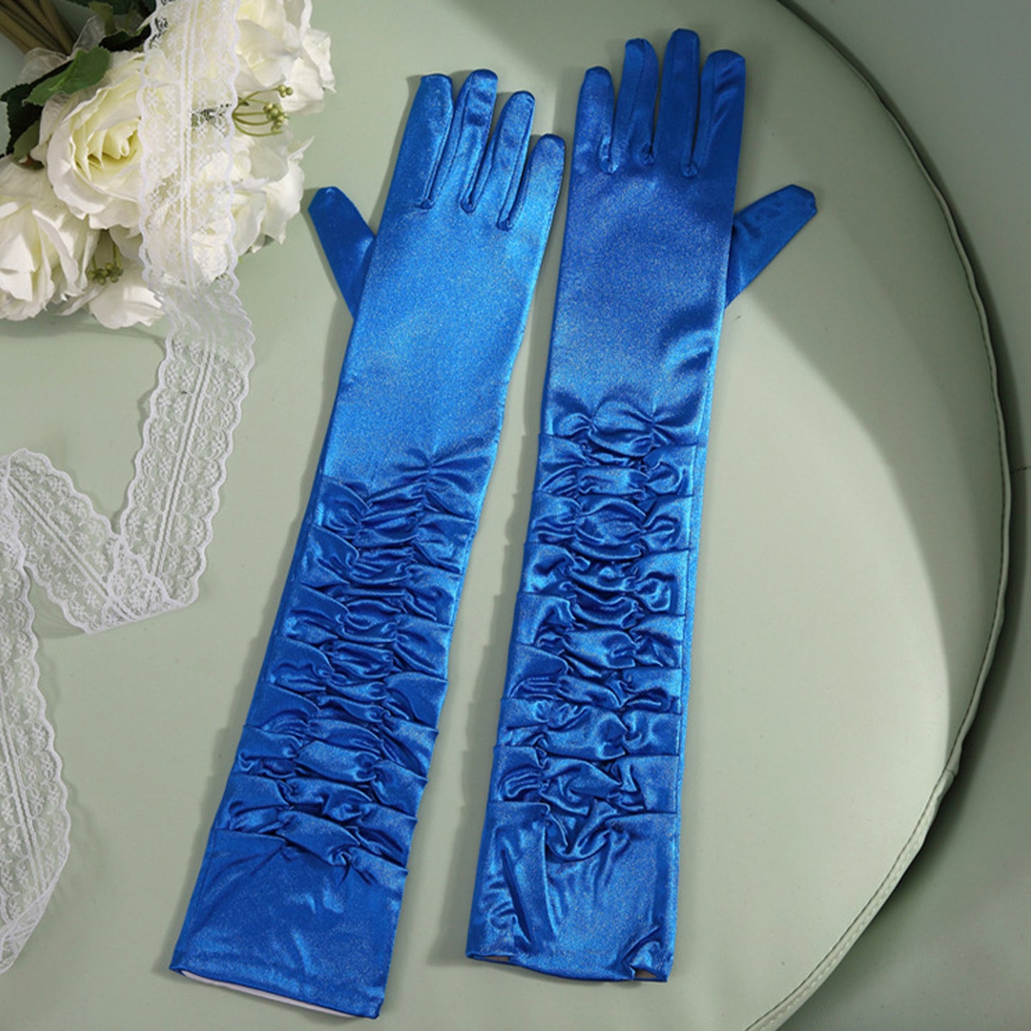 Satin Solid Color Folds Elbow Gloves