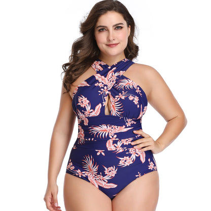 Floral Print Cross Halter Pleated One Piece Swimsuit