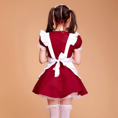 Puff Sleeve Collarless Ribbon Apron Maid Dress