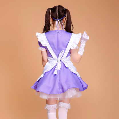 Puff Sleeve Collarless Ribbon Apron Maid Dress