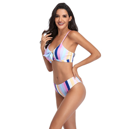 Color Stripe Bowknot High Rise Split Bikini Swimsuit Set