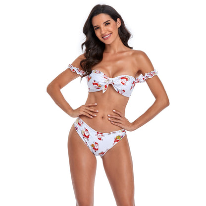 Santa Print Ruffle Sleeve Bowknot Spilt Triangle Bikini Swimsuit Set