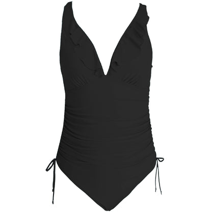 Solid Color Ruffled V Neck Cross Back One Piece Swimsuit