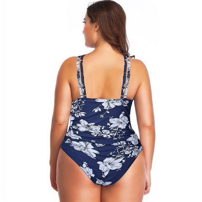 Floral Print Cross Halter Pleated One Piece Swimsuit