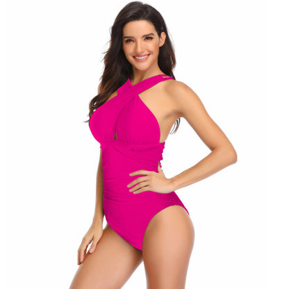 Solid Color Cross Halter Pleated One Piece Swimsuit