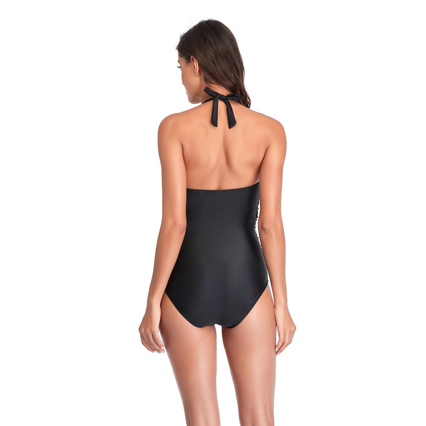 Solid Color V Neck Backless Ring Belt Strap One Piece Swimsuit