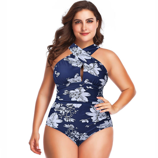 Floral Print Cross Halter Pleated One Piece Swimsuit