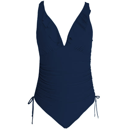 Solid Color Ruffled V Neck Cross Back One Piece Swimsuit