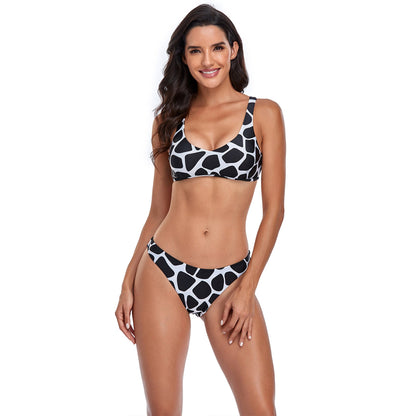 Giraffe Print Lace Up Split Bikini Swimsuit Set