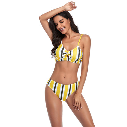 Color Stripe Bowknot High Rise Split Bikini Swimsuit Set