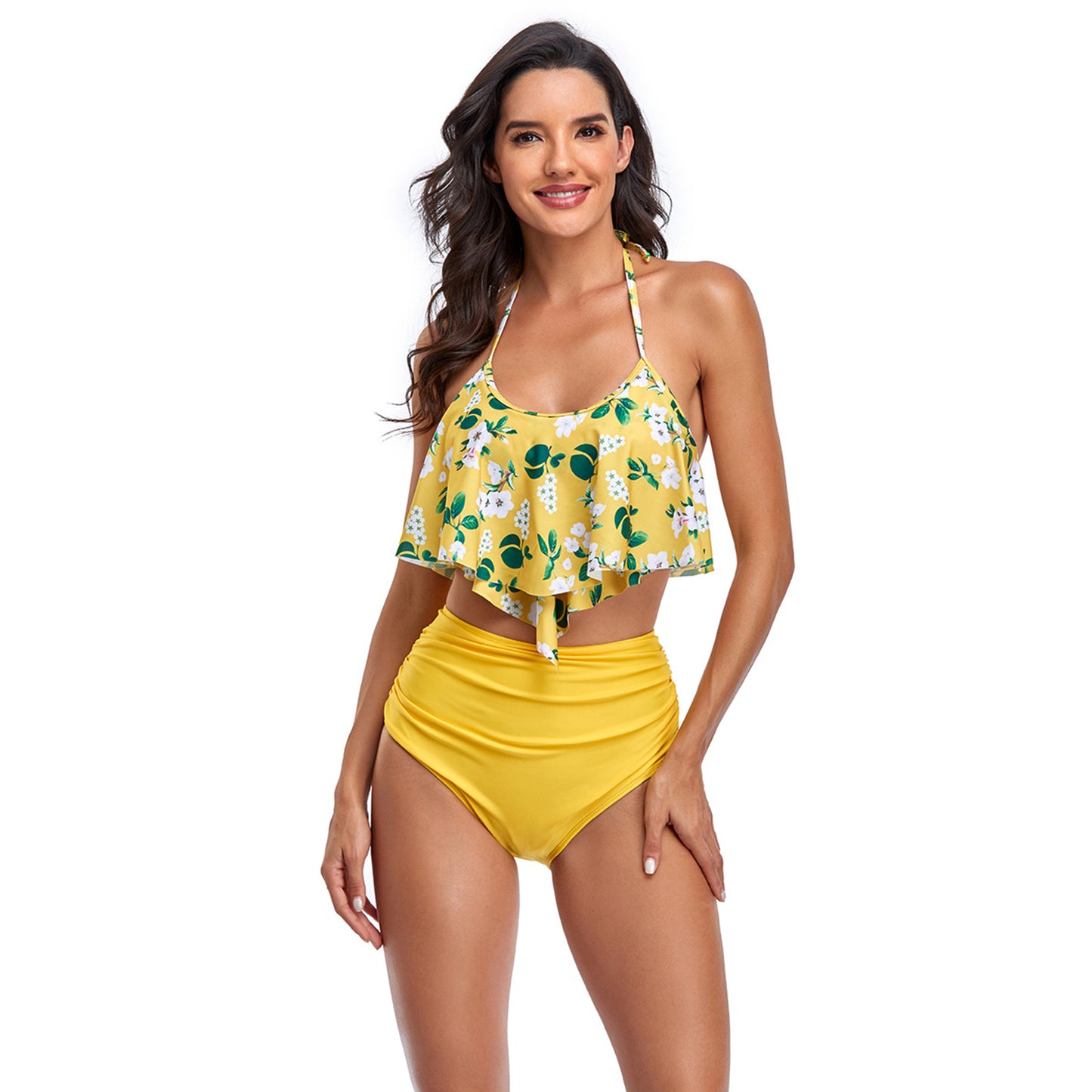 Floral Print Backless High Rise Two Piece Flounce Swimsuit Set